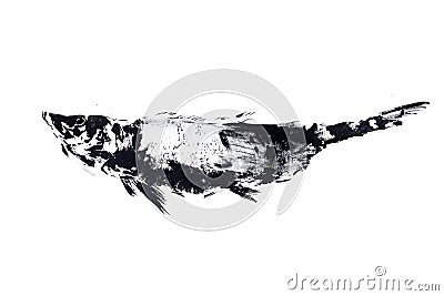 Outline ink print on white ground, black fish stamp. Stock Photo