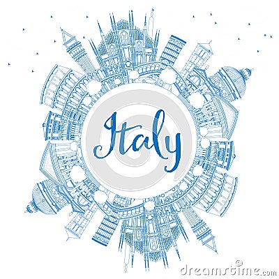 Outline Italy Skyline with Blue Landmarks and Copy Space. Stock Photo