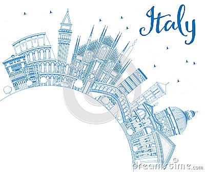 Outline Italy Skyline with Blue Landmarks and Copy Space. Stock Photo