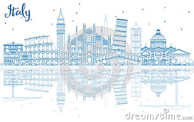 Outline Italy Skyline with Blue Landmarks and Reflections. Stock Photo