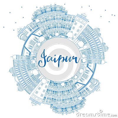 Outline Jaipur Skyline with Blue Landmarks and Copy Space. Stock Photo