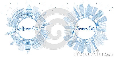 Outline Jefferson City and Kansas City Missouri Skylines with Blue Buildings and Copy Space Stock Photo