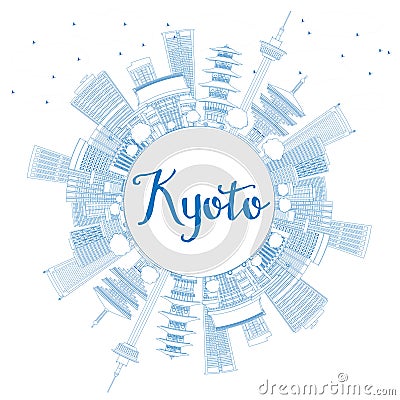 Outline Kyoto Skyline with Blue Landmarks and Copy Space. Cartoon Illustration