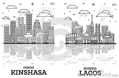 Outline Lagos Nigeria and Kinshasa Congo City Skyline set with Modern Buildings and Reflections Isolated on White. Cityscape with Stock Photo