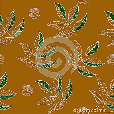 Outline leaves seamless pattern on the turmeric color Vector Illustration