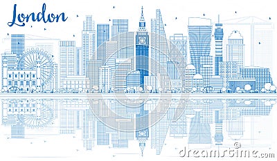 Outline London Skyline with Blue Buildings and Reflections. Stock Photo