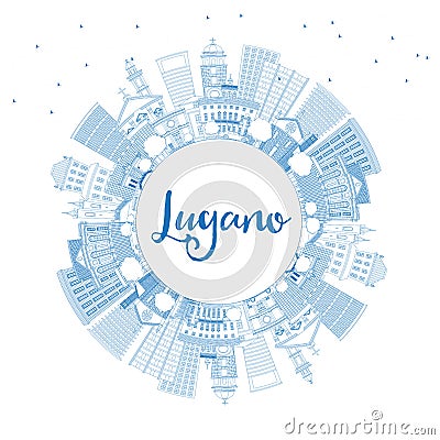 Outline Lugano Switzerland Skyline with Blue Buildings and Copy Stock Photo