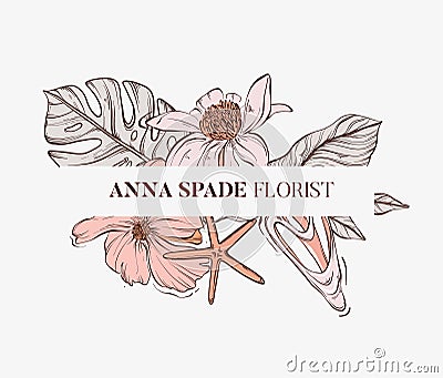 Outline magnolia flowers, monstera leaves, seashells and stars hand-drawn graphics. Sketch garden illustration collection for Vector Illustration