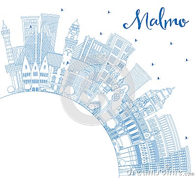 Outline Malmo Sweden City Skyline with Blue Buildings and Copy Space. Malmo Cityscape with Landmarks Stock Photo