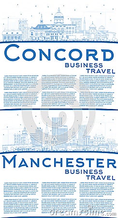 Outline Manchester and Concord New Hampshire City Skylines Set with Blue Buildings and Copy Space Stock Photo