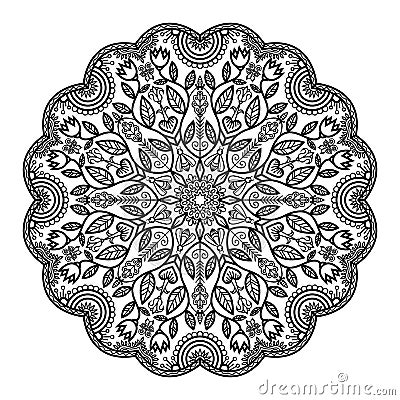 Outline Mandala With Flowers And Insects. Vector Illustration