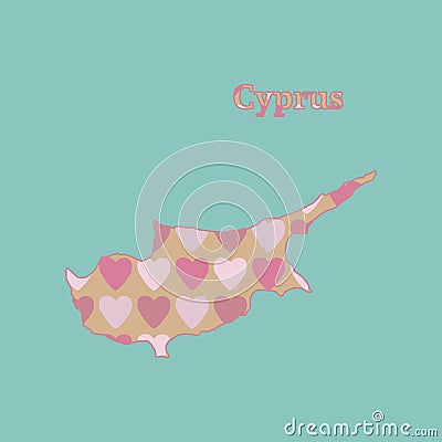 Outline map of Cyprus with a texture of pink and red hearts. Iso Cartoon Illustration