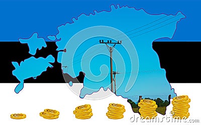 Outline map of Estonia with the image of the national flag. Power line inside the map. Stacks of euro coins. Collage. Energy Stock Photo