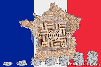 Outline map of France with the image of the national flag. Hatch for the water system inside the map. Stacks of Euro coins. Stock Photo