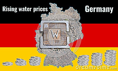 Outline map of Germany with the image of the national flag. Hatch for the water system inside the map. Stacks of Euro coins. Stock Photo