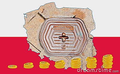 Outline map of Poland with the image of the national flag. Hatch for the water system inside the map. Stacks of Euro coins. Stock Photo
