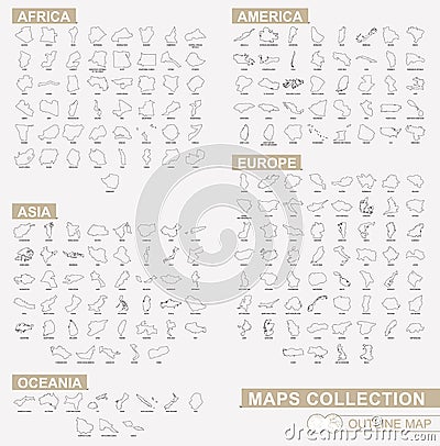 Outline maps collection, black lined vector map Vector Illustration