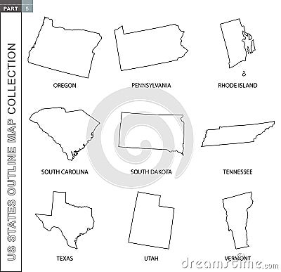Outline maps of US states collection, nine black lined vector map Vector Illustration