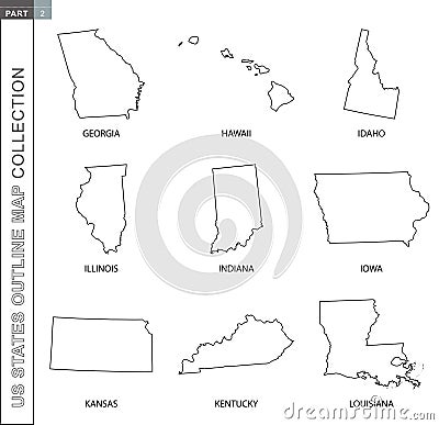 Outline maps of US states collection, nine black lined vector map Vector Illustration