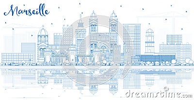 Outline Marseille France City Skyline with Blue Buildings and Re Stock Photo