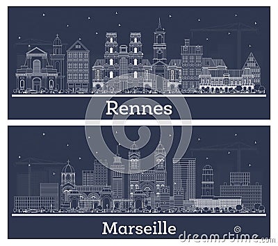 Outline Marseille and Rennes France City Skyline Set with White Buildings Stock Photo
