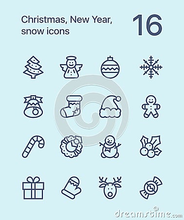 Outline Merry Christmas and Happy New Year icons for web and mobile design pack 1 Vector Illustration