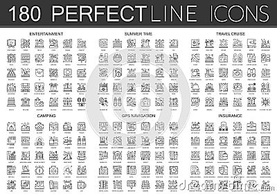 180 outline mini concept icons symbols of entertainment, summer time, travel cruise, camping, gps navigation, insurance Vector Illustration