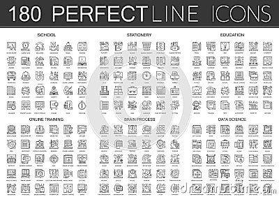 180 outline mini concept icons symbols of school, stationery, education, online training, brain mind process, data Vector Illustration