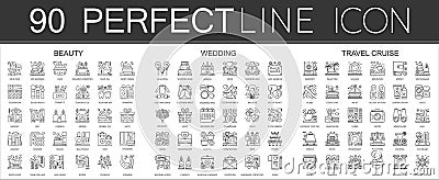 90 outline mini concept infographic symbol of icons beauty, wedding, travel cruise. Vector Illustration