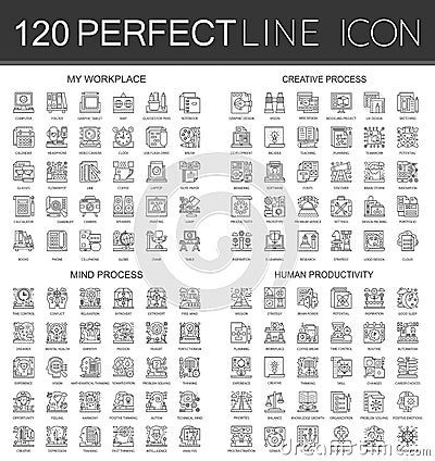 120 outline mini concept infographic symbol icons of my workplace, creative process, mind process, human productivity. Vector Illustration