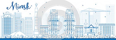 Outline Minsk skyline with blue buildings Cartoon Illustration