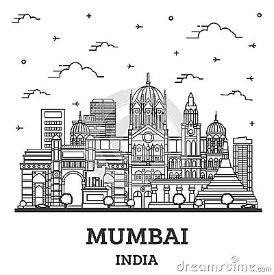 Outline Mumbai India City Skyline with Historic Buildings Isolated on White Stock Photo