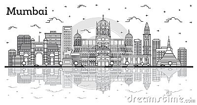 Outline Mumbai India City Skyline with Historic Buildings and Reflections Isolated on White Stock Photo