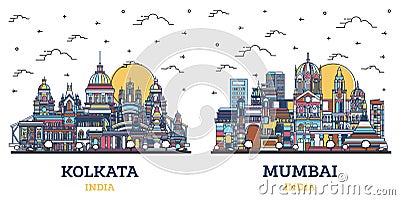Outline Mumbai and Kolkata India City Skyline Set Stock Photo