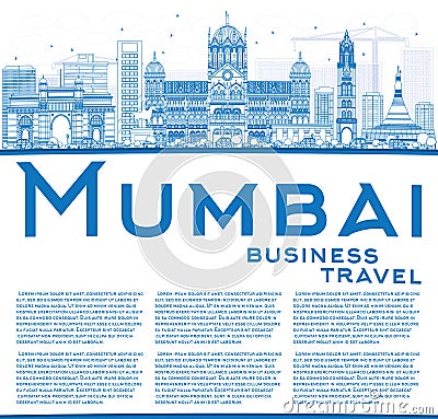 Outline Mumbai Skyline with Blue Landmarks. Stock Photo
