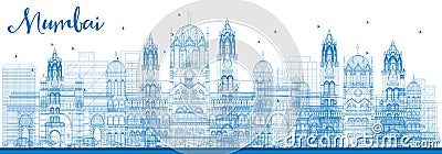 Outline Mumbai Skyline with Blue Landmarks. Stock Photo