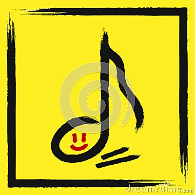 Outline musical notes with smiling face in torn frame. Drawn with a rough brush. Vector Illustration