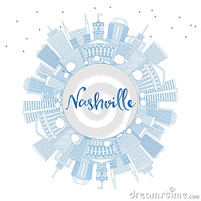 Outline Nashville Skyline with Blue Buildings and Copy Space. Stock Photo