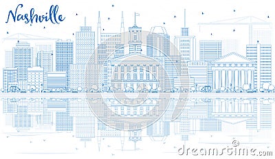 Outline Nashville Skyline with Blue Buildings and Reflections. Stock Photo