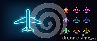 Outline neon airplane icon. Glowing neon plane sign, aircraft pictogram in vivid colors Vector Illustration
