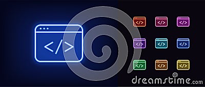 Outline neon coding icon. Glowing neon app window with code sign, web development pictogram Vector Illustration