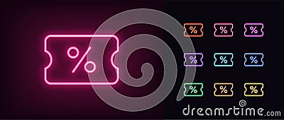 Outline neon discount coupon icon. Glowing neon coupon with percentage sign, discount tag pictogram Vector Illustration