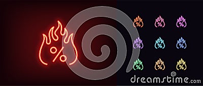 Outline neon hot percent icon. Glowing neon Percentage sign with fire, burning sale pictogram. Fiery discount tag Vector Illustration