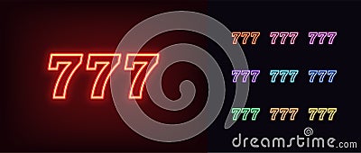 Outline neon 777 icon. Glowing neon 777 sign, lucky number pictogram in vivid colors Vector Illustration