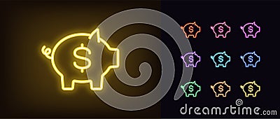 Outline neon money box icon. Glowing neon piggy bank with dollar sign, moneybox pictogram. Piggybank Vector Illustration