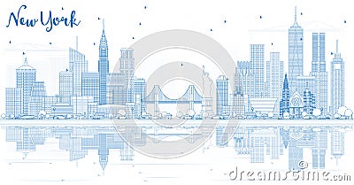 Outline New York USA City Skyline with Blue Buildings and Reflections. Stock Photo