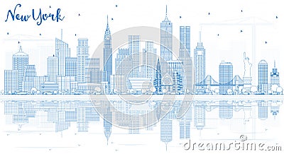 Outline New York USA City Skyline with Blue Buildings and Reflections. Stock Photo