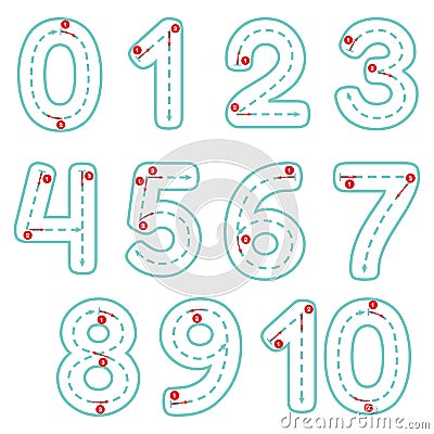 Preschool handwriting practice worksheet for kids. Trace numbers with guide from 0 to 10 Vector Illustration