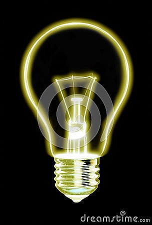 Outline of glowing yellow Light bulb, on black background Stock Photo