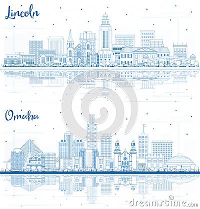 Outline Omaha and Lincoln Nebraska City Skylines with Blue Buildings and Reflections Stock Photo